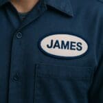 James nametag on a work shirt